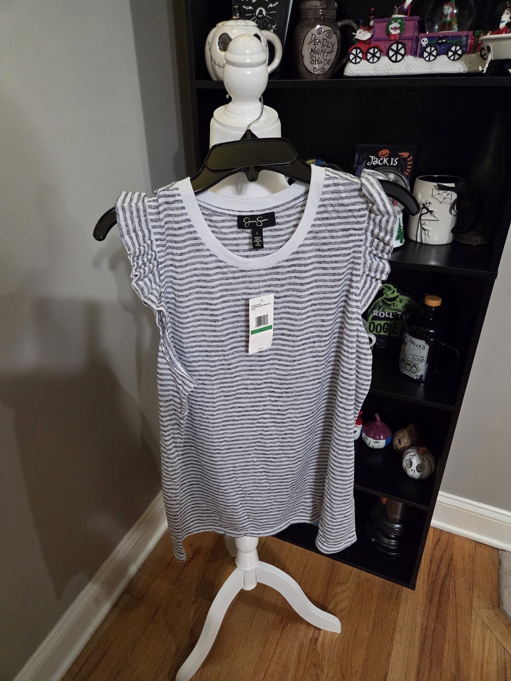 Jessica Simpson Gray/blue & White Striped Ruffle-Sleeve Tank
